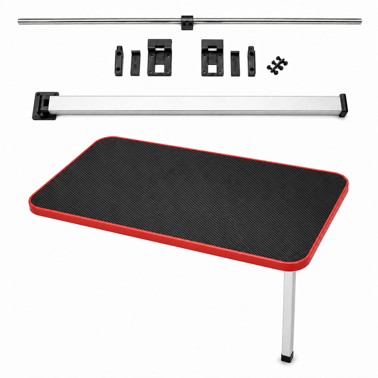 SVAGO Campervan Table Top 750 x 400 mm with Folding Table Kit, Complete Caravan & Motorhome Table Set, Carbon Black Table Top with Red Edge Trim, Removable Rail & Folding Leg for Camper Van