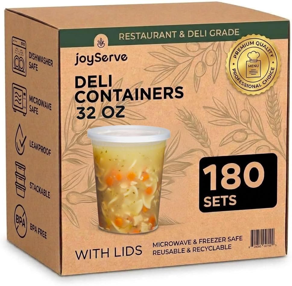 JoyServe Deli Food Containers with Lids - 8 oz 180 Sets- Ideal for Food, Snacks, Takeout, Meal Prep - 1 Cup Small Durable Clear Containers for Food - Stackable and Durable, Dishwasher & Microwave Safe
