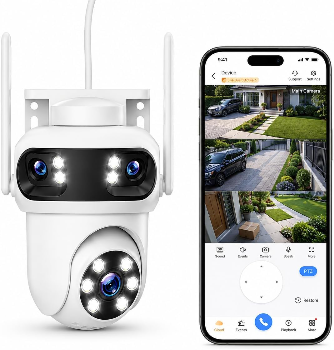 Triple-Lens Security Camera Wireless Outdoor, WiFi Camera for Home Security, Auto-Tracking, 24/7 Record, IP66 Waterproof Outdoor Indoor, Compatible with Camcamp Wireless Security Camera System