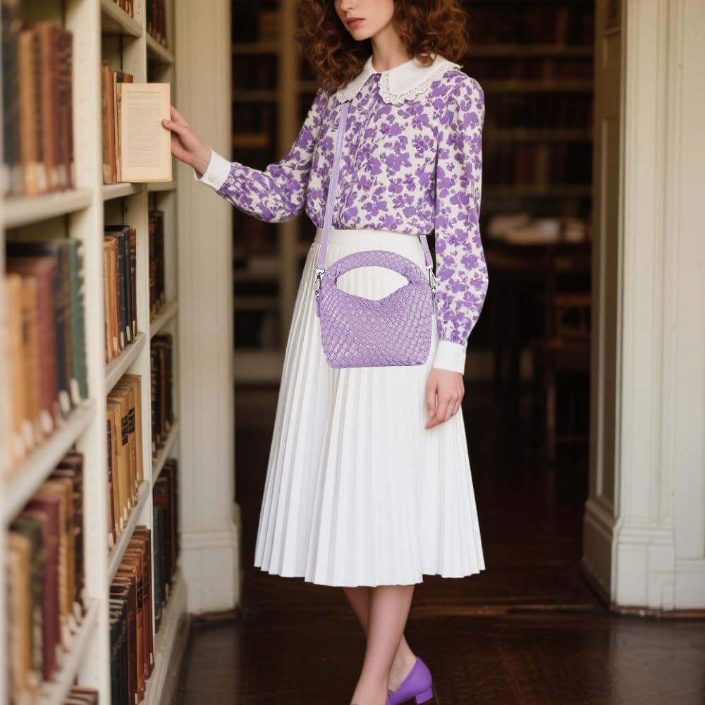 Woven Crossbody Bag Small Tote Cute Purse for Women,Top Handle Handbag Pu Leather Shoulderbag with Detachable Strap