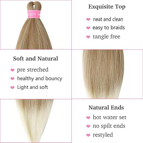 Miniatura 3 de Extensión de cabello para trenzar preestirado rubio, cabello sintético suave preestirado para trenzas para mujeres (27613#, 20 pulgadas)