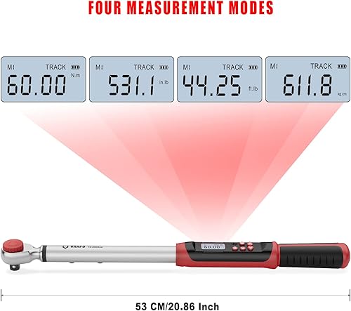 Vista 3 de VANPO Llave dinamométrica digital de 1/2 pulgada (7.38-147.5ft-lbs/10-200NM) Llave dinamométrica electrónica ajustable de doble dirección con valor