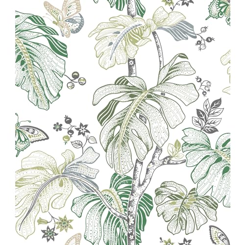RoomMates RMK11585RL Green and Gray Boho Palm Peel and Stick Wallpaper, Green & Gray, 45.7 x 47.9 cm