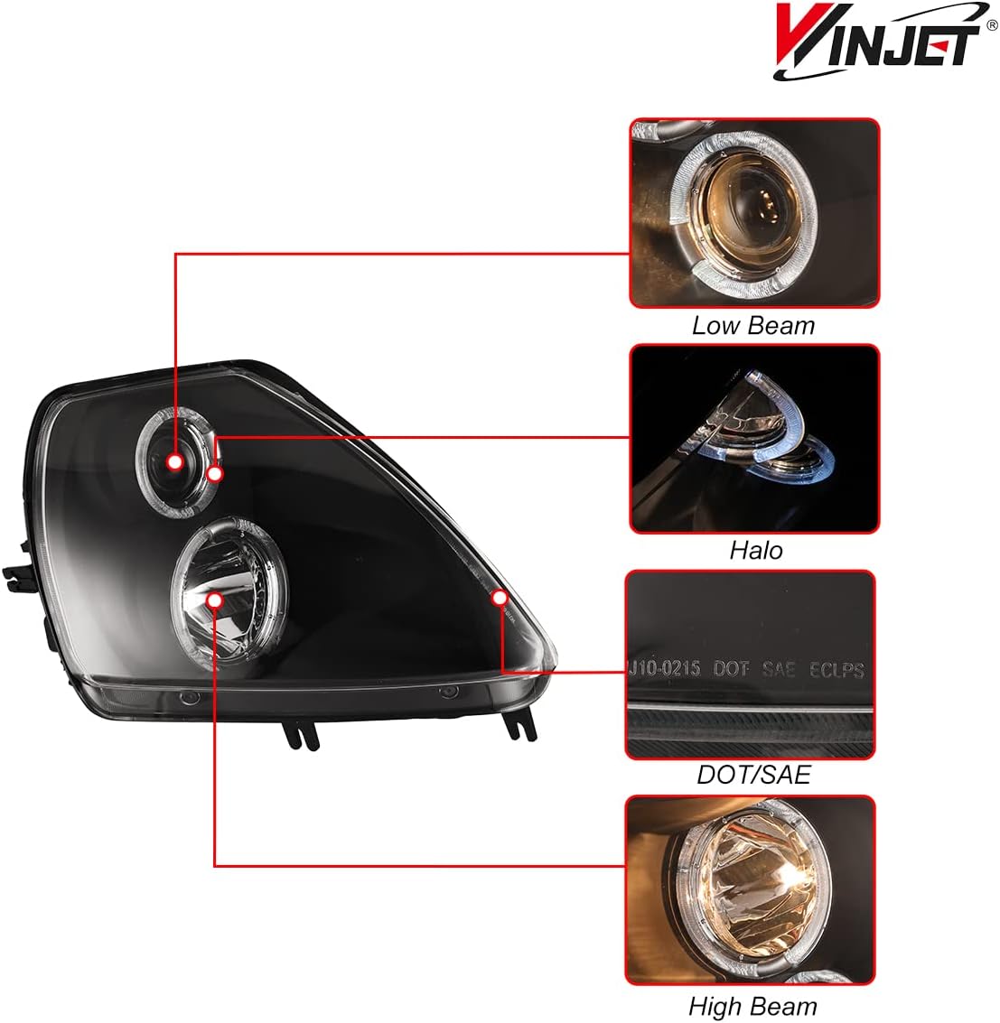 Winjet Headlight Assembly Fit for 2000 2001 2002 2003 2004 2005 Mitsubishi Eclipse 3G Halo Projector,2000-2005 Mitsubishi Eclipse LED DRL Halo Projector Headlights Replacement(Black/Clear Lens)