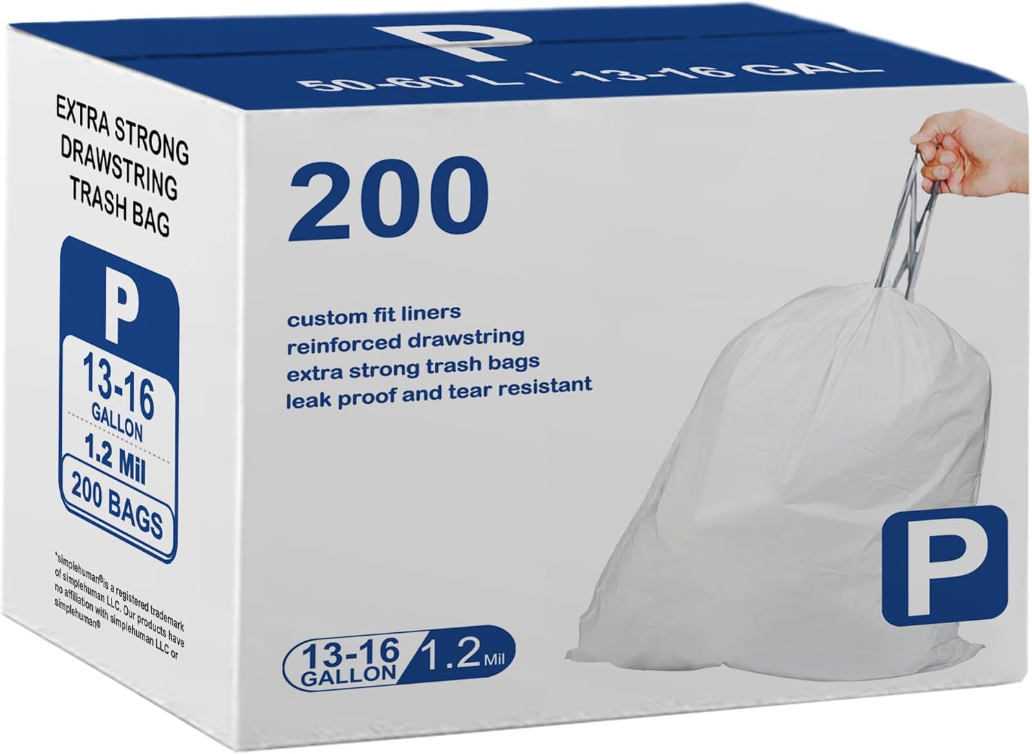 Code P 200 Count Drawstring Trash Bags 1.2 Mil THICK Heavy Duty | White Garbage Can Liners Compatible with simplehuman Code P | 13-16 Gallon / 50-60 Liter Heavy Duty Plastic Trash Bags