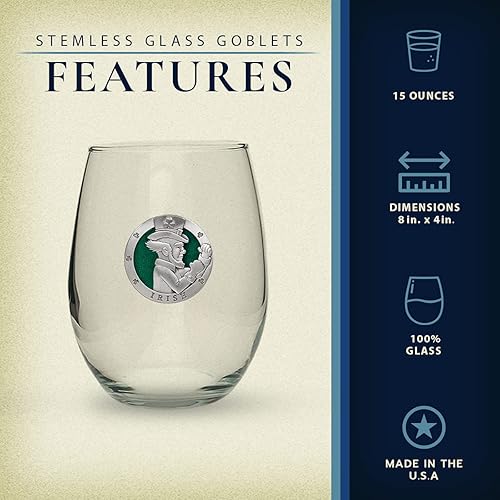 Miniatura 3 de Heritage Pewter Irish Fighter - Copas de vidrio sin tallo, juego de 2, copas de vino de copa de 15 onzas, vidrio de peltre elaborado por expertos