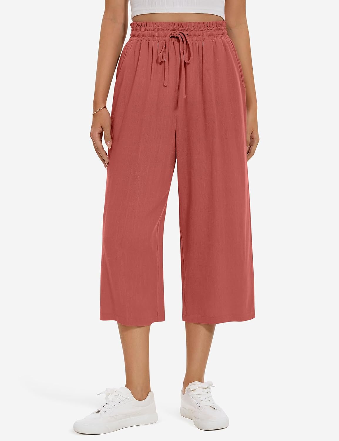 UEU Women's Linen Capris Wide Leg Ruffle High Waisted Pants Casual Drawstring Summer Loose Capri Pants with Pockets - Image 4