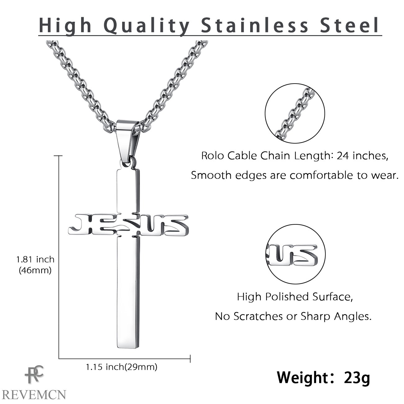 Collar con colgante de cruz de Jesús de acero inoxidable para hombres y mujeres, cadena Rolo de 20 a 24 pulgadas, regalos cristianos para hombres y mujeres, Metal 5