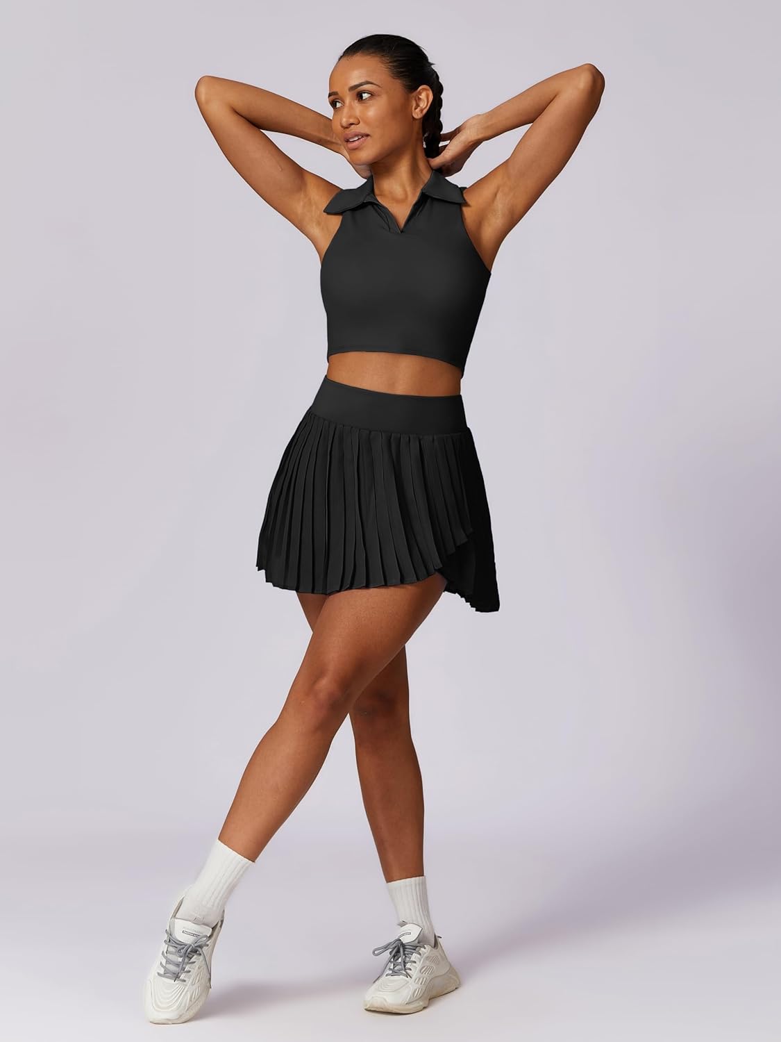 ABOCIW Pleated Tennis Skirts for Women Sleeveless V Neck Collar Workout Crop Tank Tops Sports Bra Golf Skorts Skirts Sets #1 Black Large - Image 4