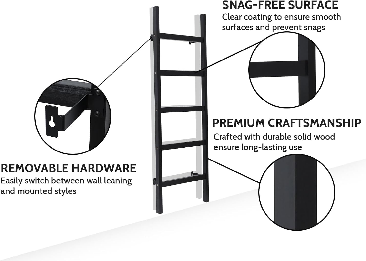FUIN 57in Wall Mounted Wooden Blanket Ladder Living Room Decorative Farmhouse Quilt Display Holder Rustic Wood Towel Rack for Bathroom, Black