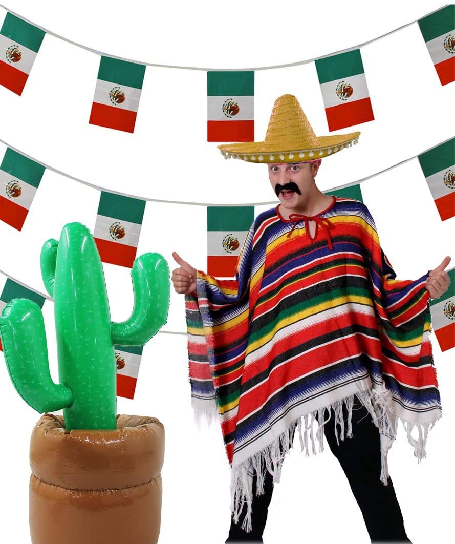 I LOVE FANCY DRESS Mexican Party Set. Yellow Sombrero + Multicoloured Poncho + Mexican Flag Bunting + Inflatable Cactus. Ideal for: Cinco De Mayo | Mardi Gras | Mexican Themed Events