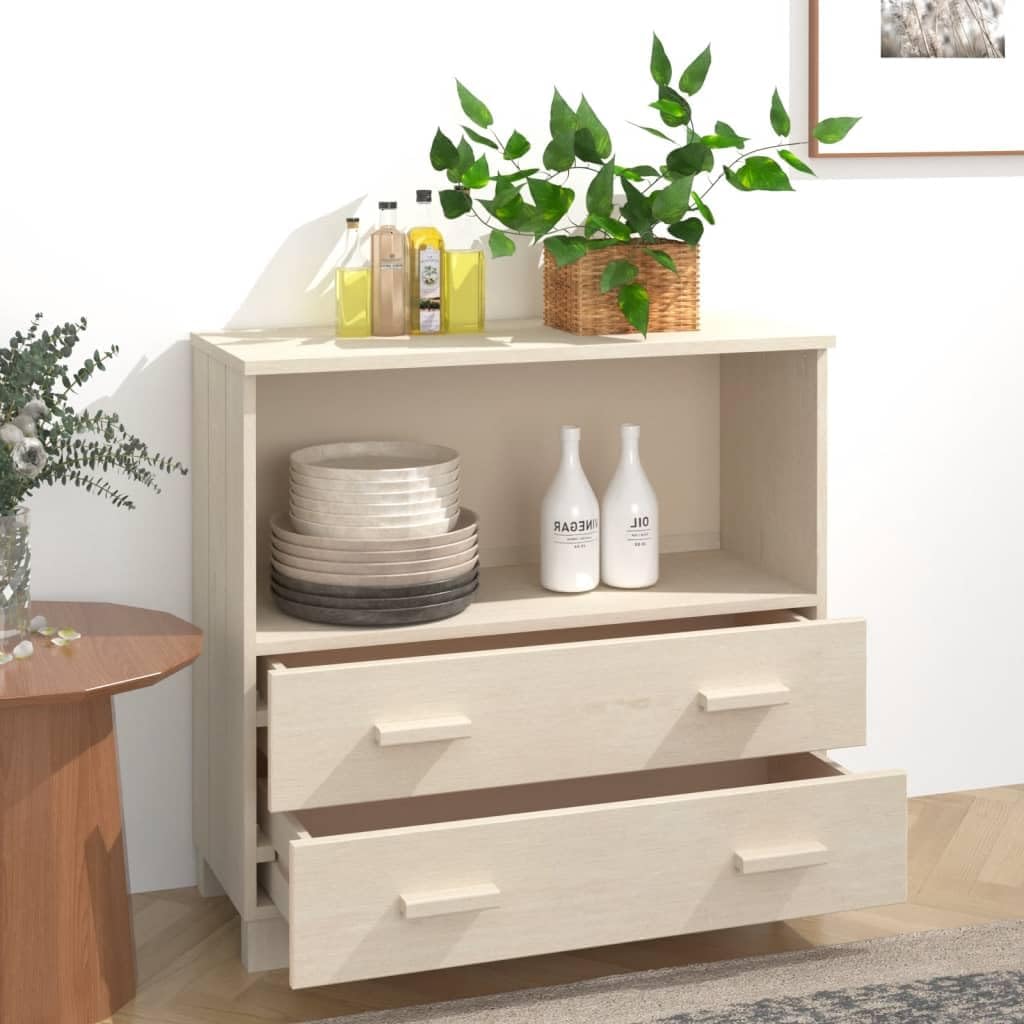 Honey Brown Solid Pinewood Sideboard with 3 Drawers and Open Shelf, Medium Storage Cabinet for Living Room Dining Area Office Entryway, Durable Furniture Organizer