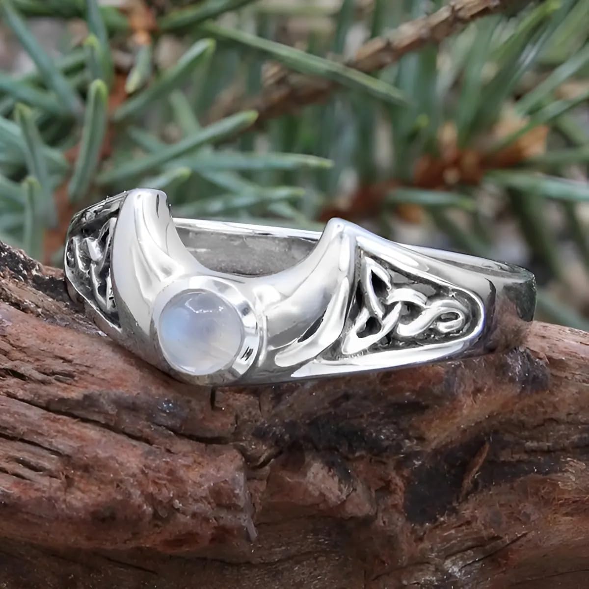 Moonlight Mysteries Wiccan Moon Ring with Rainbow Moonstone Gemstone and Celtic Knotwork Design (Sizes 4-15)