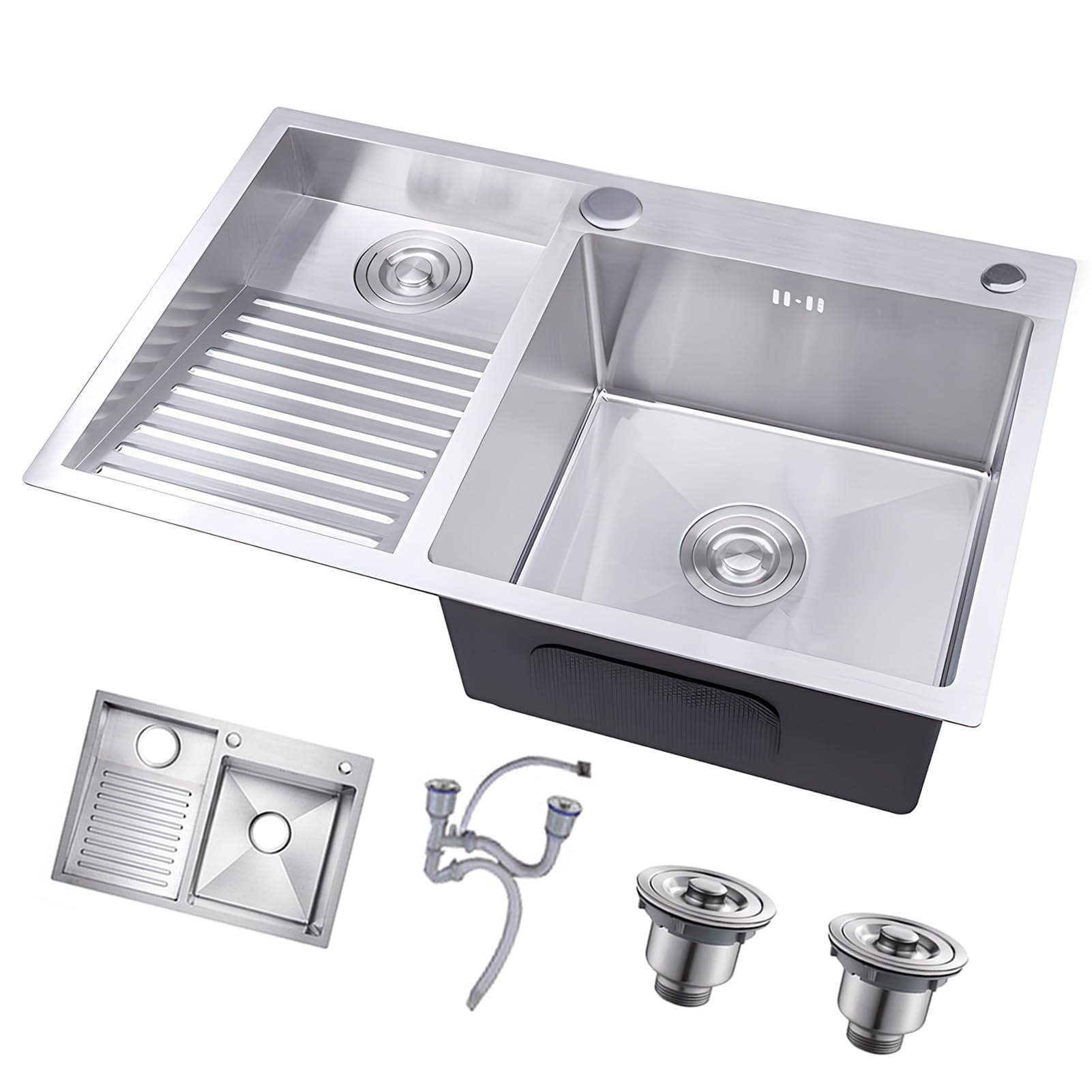 Fregadero de acero inoxidable de doble cubeta con tabla de lavar izquierda de 80 cm