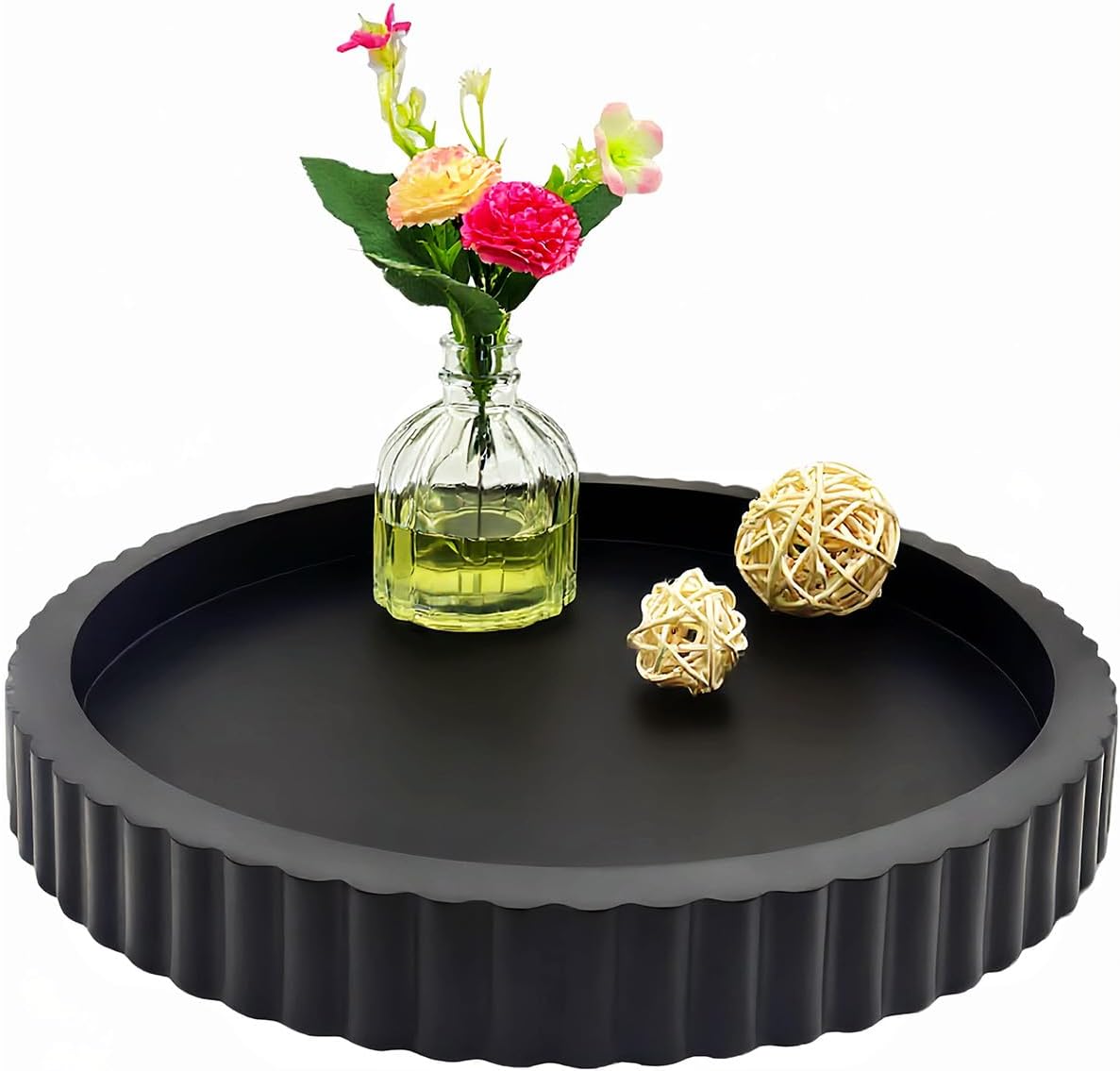 Decorative Tray for Coffee Table,11" Wooden Round Trays Home Decor,Bathroom Tray with Fluted Edge,Table Centerpieces Trays for Living Room,Kitchen, Dining Table,Entryway (Black)