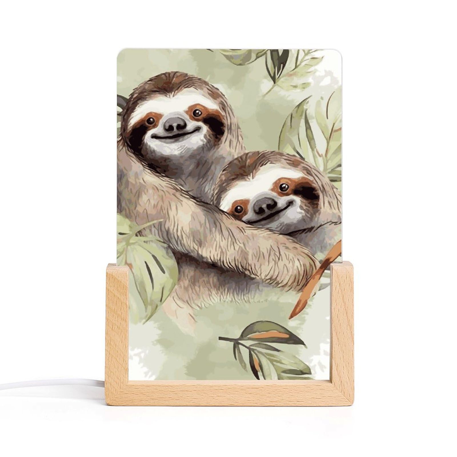 JTREHY Acrylic Night Light,Watercolor Sloth Printed Wooden Base LED Night Light Modern Home Decoration Light with USB Switch Cable for Bar Cafe Bedroom Room Decoration