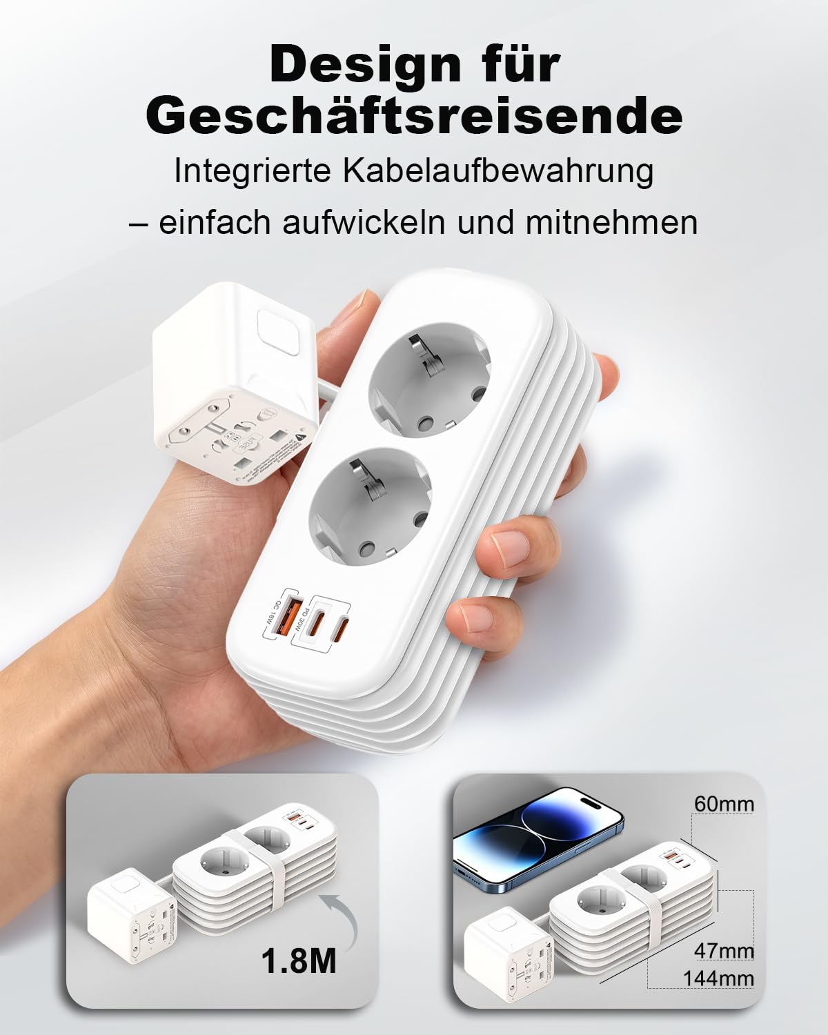 Adattatore da viaggio universale con cavo da 1,8 m, doppia presa da viaggio per EU/DE, spina da viaggio in tutto il mondo con USB C PD 30 W e 3 USB, adattatore internazionale per USA, UK, AU, ciabatta