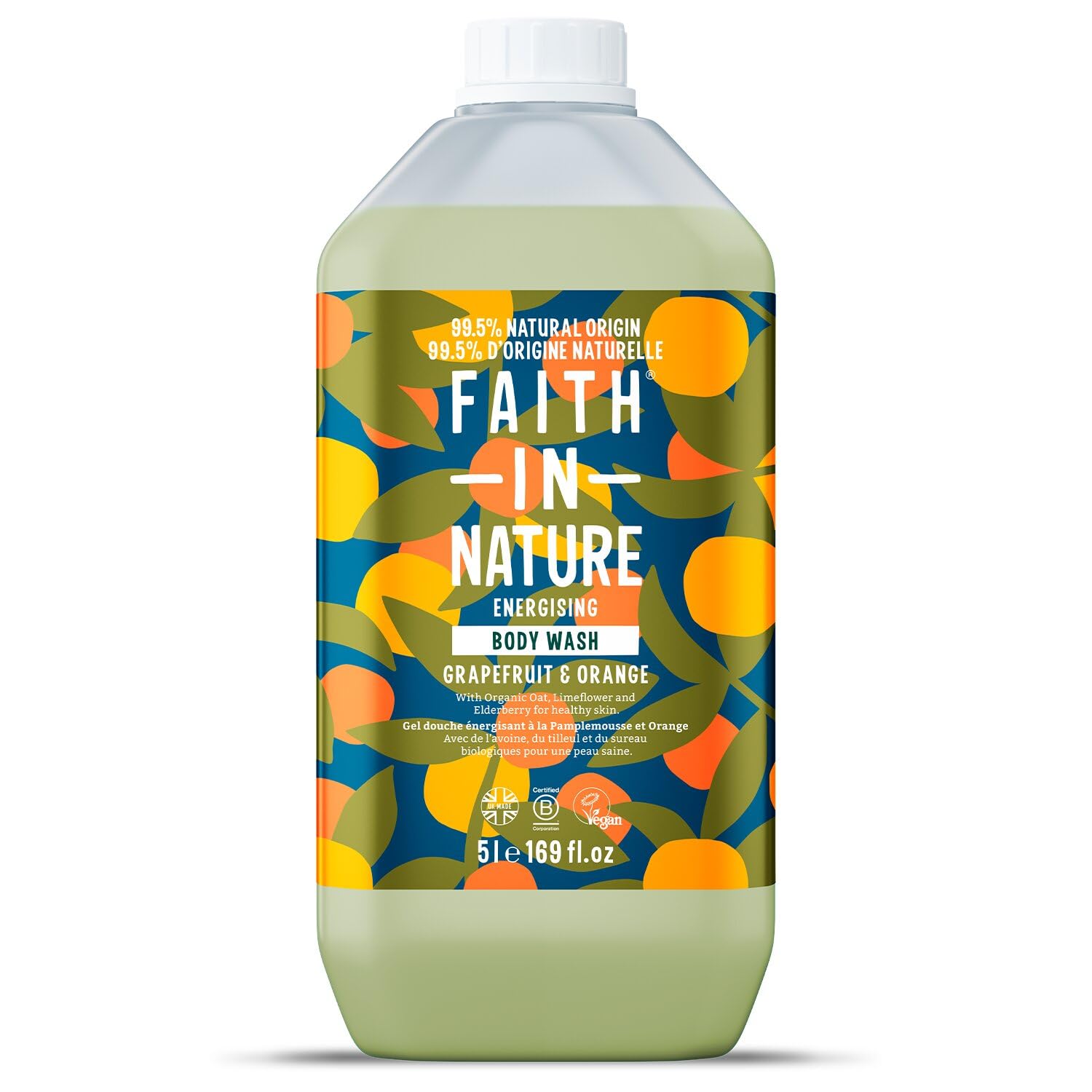 Faith In Nature Gel Doccia Naturale al Pompelmo e Arancia, Energizzante, Vegano e Cruelty Free, Senza SLS e Parabeni, Ricarica da 5 L