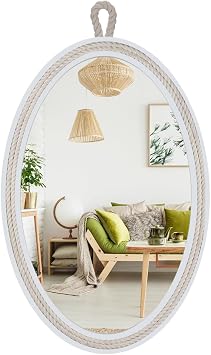 Oval Mirrors for Wall Decor Small White Nautical Rope Mirror Hanging Decorative Beach Coastal Mirror,24Lx16W,Oval