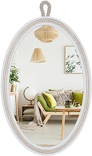 Farmhouse Wall Mirror Rope Mirror Decorative Mirror with Hanging Loop,Beach Nautical Mirror ,24 inches Lx16 inches W,Oval, White, Oval 24 inches Lx16 inches W