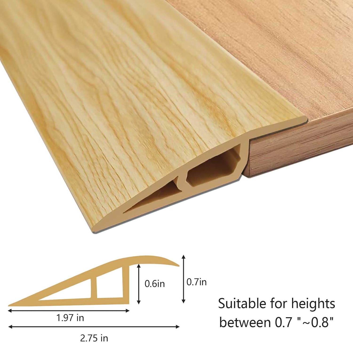 Door Threshold Transition Strip 118inch, 1/2"-3/5" Height Reducer Molding, Self-Adhesive Vinyl Floor Transition for Uneven Wood, Tile, Carpet Thresholds & Ramps (Original Wood Grain, 9.9FT)