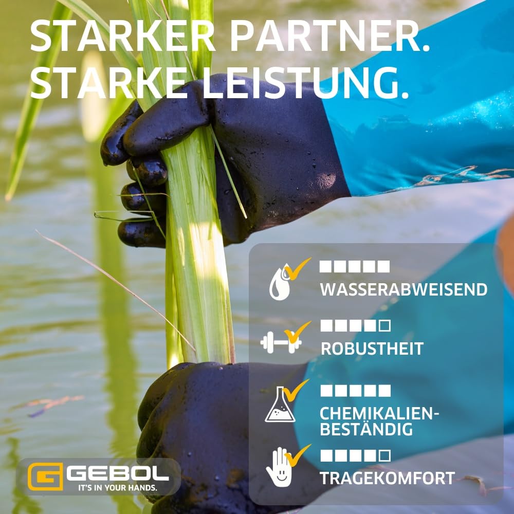 Gebol Grip Tech Plus | 1 para, rozmiar L (rozm. 9), długie rękawice gumowe z nitrylu, PCW i nylonowej dzianiny wewnętrznej, chroniące przed chemikaliami, kwasami, olejem i tłuszczem, wodoodporne,