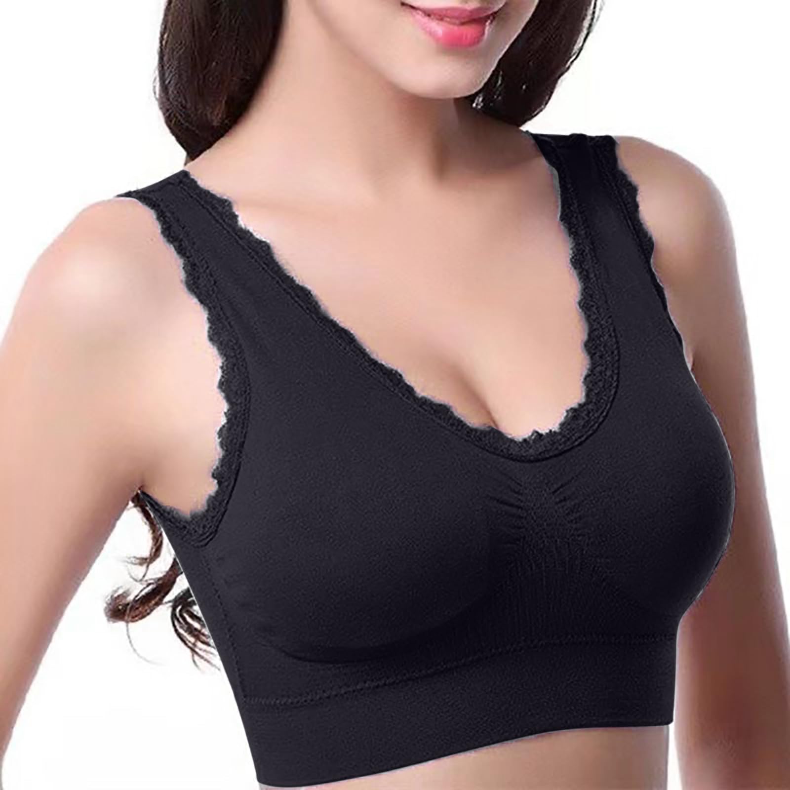 Sport Bralettes for Women No Underwire Padded Seamless T-Shirt Bra Lace Trim Yoga Athletic Everyday Lounge Bras