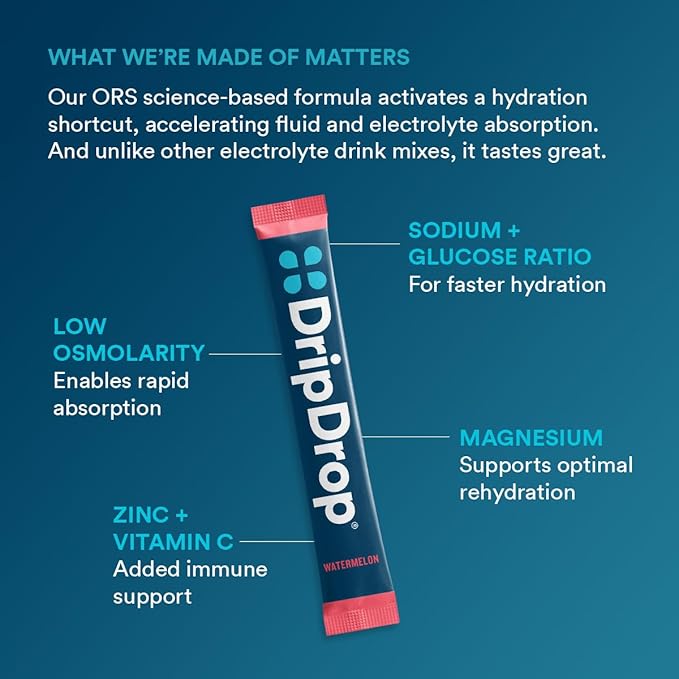 DripDrop Hydration - Electrolyte Powder Packets - Watermelon, Berry, Lemon, Orange, Fruit Punch, Grape, Strawberry Lemonade, Cherry - 64 Count