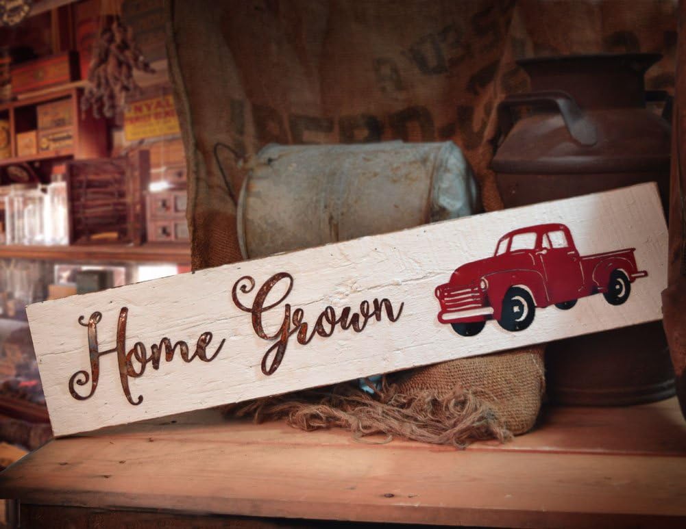 American Made Reclaimed Barnwood Wall Sign: Home Grown with Vintage Truck, 31"