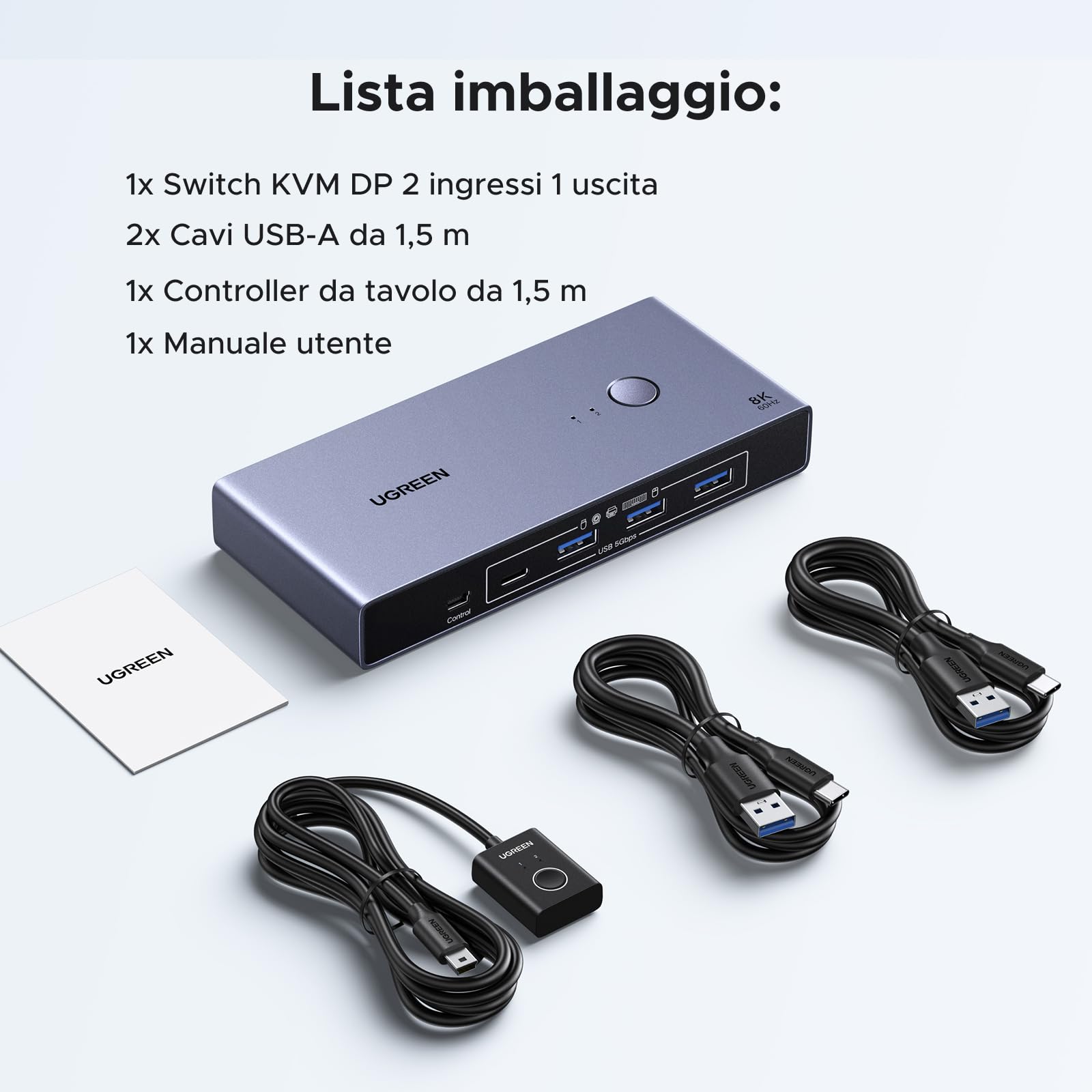 UGREEN Switch KVM DisplayPort 2 Ingressi 1 Uscite 8K 60Hz 4K 240Hz Doppio Schermo Commutatore con 4 Porte USB 3A1C 5Gbps per Tastiera Mouse Disco Rigido Stampante con Controller