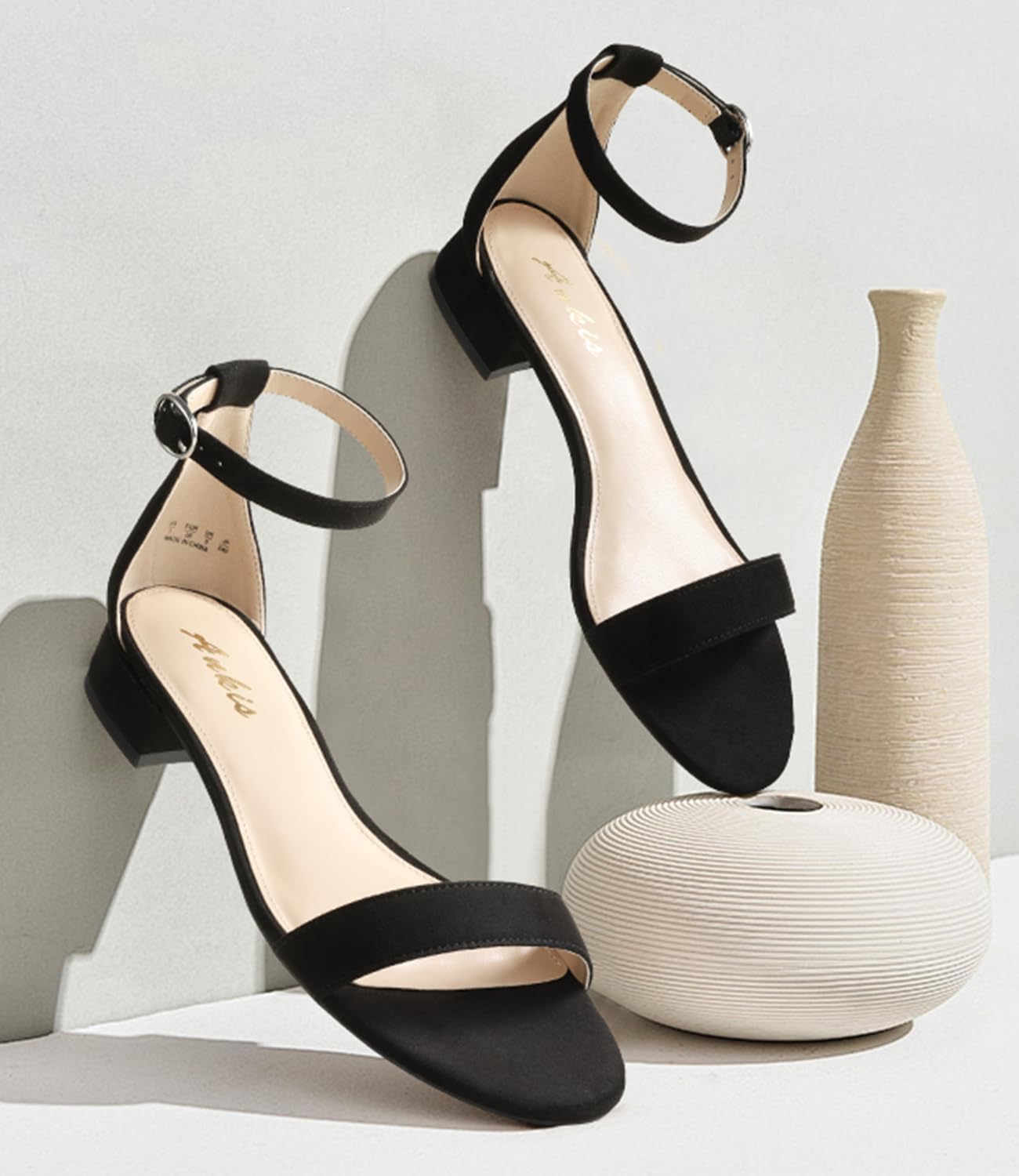 Ankis Nude Black White Women Sandals Dressy 1 Inch Low Block Heel Strappy Open Toe Flat Casual Sandals for Women Comfortable Adjustable Ankle Strap Shoes Wedding Summer - Image 2