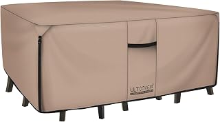 ULTCOVER Heavy Duty Waterproof Rectangular Patio Table Cover 600D Canvas 111x74x28 Inch for Dining Table & 6-8 Chairs