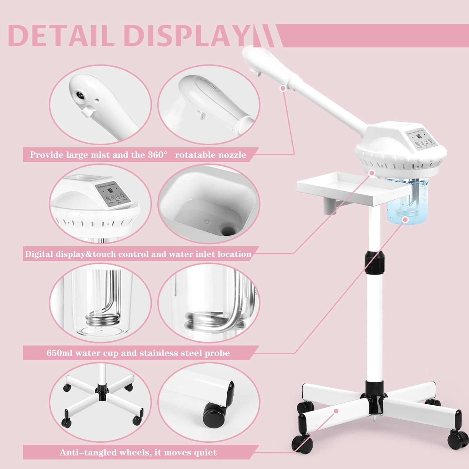 Facial Steamer Professional, Facial Steamer on Wheels with Storage Platform, Face Steamer with More Steam for Deep Cleansing and Hydration, Estheticians Steamer for Beauty, Spa and Home Use（White） - Image 3