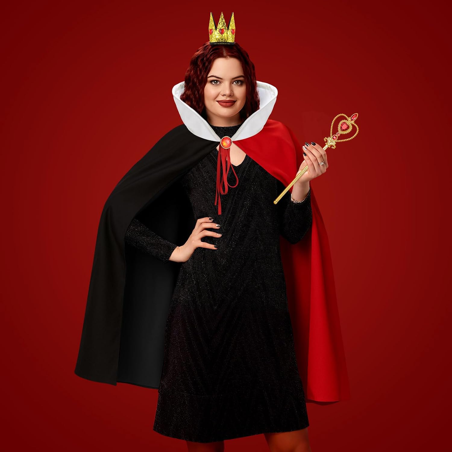 Cutecrop 5 Pcs Halloween Queen Costume Accessories Set with Red and Black Cape Heart Crown Wand Cloak for Women