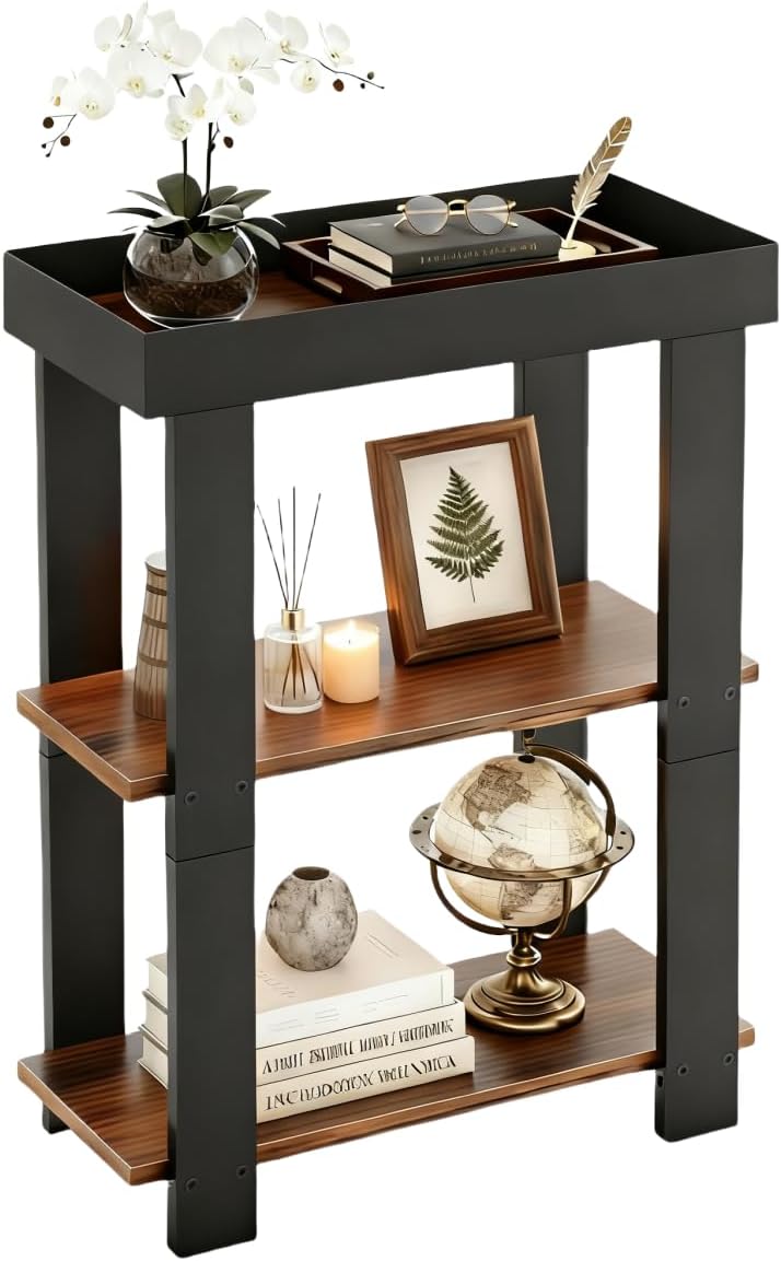 Narrow Side Table, 3-Tier Side Table, Rustic Farmhouse Narrow End Table with Storage, Slim Table Nightstand for Small Spaces, Bedroom or Living Room (Rustic Brown)