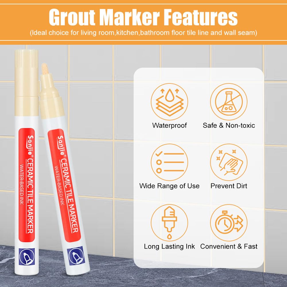 AOOSU Stylo Joint Carrelage Beige, 6Pcs Stylo de Carrelage à Coulis avec Pointe de Rechange, Imperméable Marqueur Joints, Rénovateur de Coulis pour Joints de Carrelages de Cuisine et Salle de Bain Sol - 3