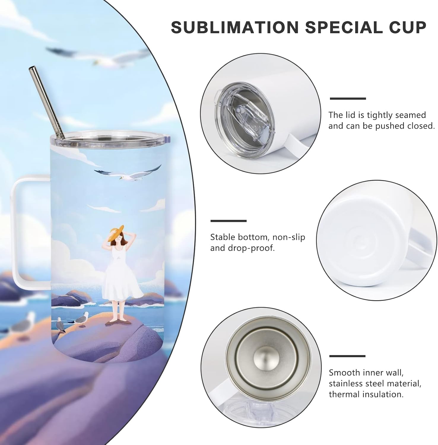 4 Pcs Sublimation Blank Skinny Tumbler 24 OZ White Mugs with Handle and Straw Double Wall Stainless Steel Coffee Travel Straight Mug with Sliding Lid - Image 5
