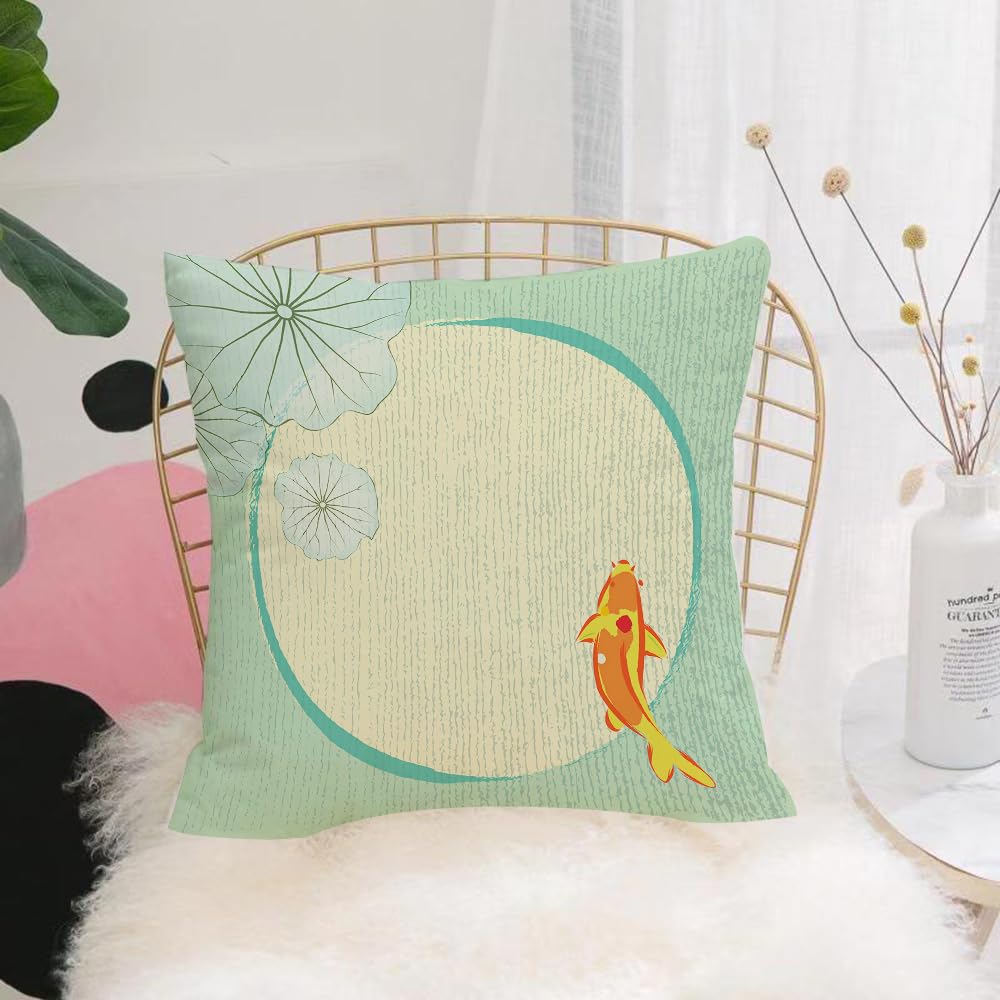 HYMSXW Cushion Cover,Throw Pillow Case Home Decorative for Living Room Bedroom Sofa Chair 20X20 Inch,Koi, green national style ink circular artistic conception painting,Pillowcase 50X50cm