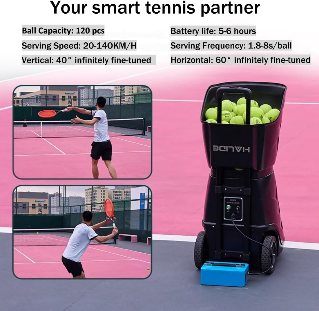HT8088A Tennis Ball Machine in use with player