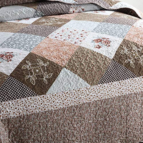 Honeilife Quilt Set King Size - 3 Piece Microfiber Quilts Reversible Bedspreads Patchwork Coverlet Floral Bedding Set All Season Quilts- Splicing Mocha Rose,King Size #TOP2