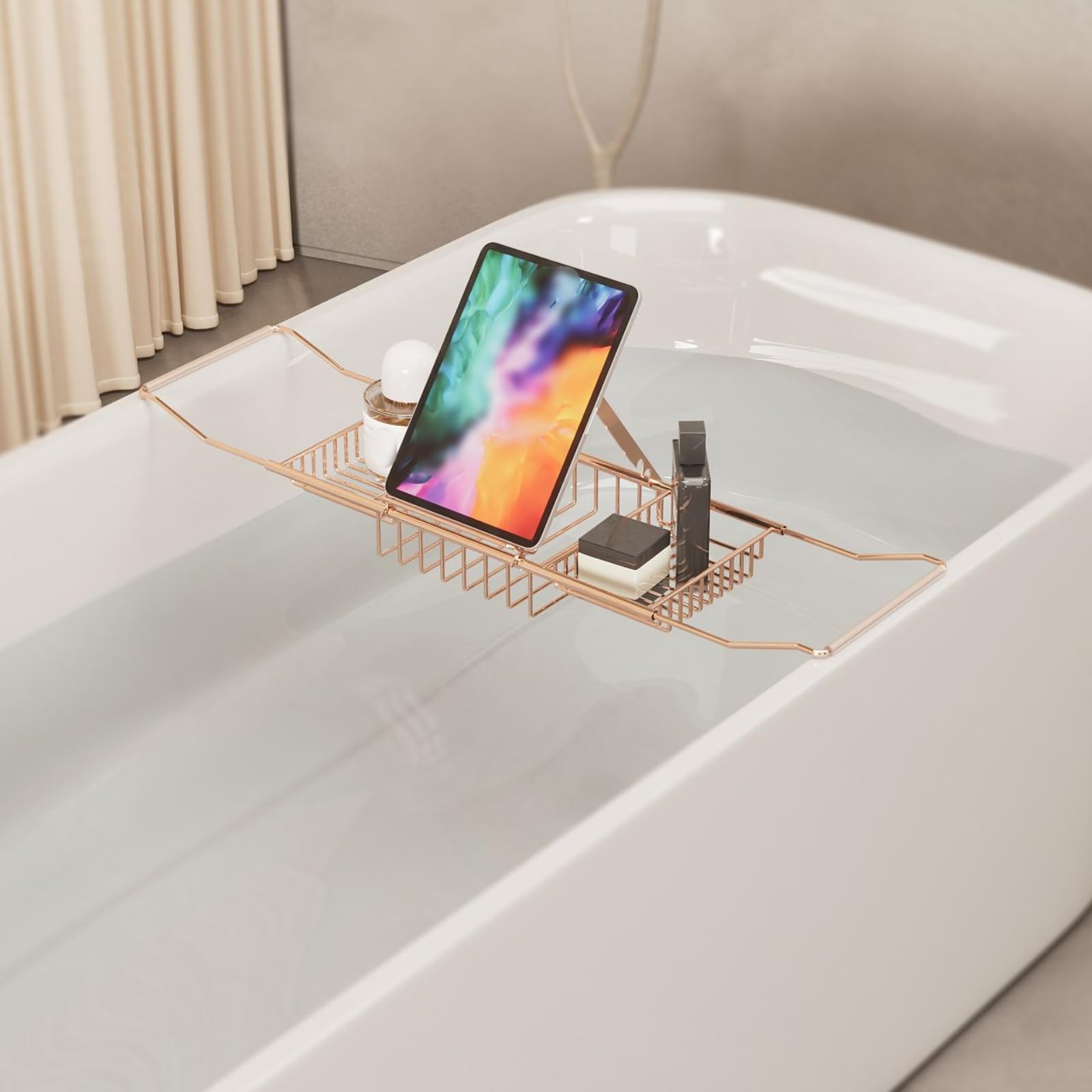 Mensola Bagno Vassoio Vasca Organizer Supporto Allungabile in Acciaio Inossidabile con Portasapone Portashampoo, Cromato, Moderno Semplice
