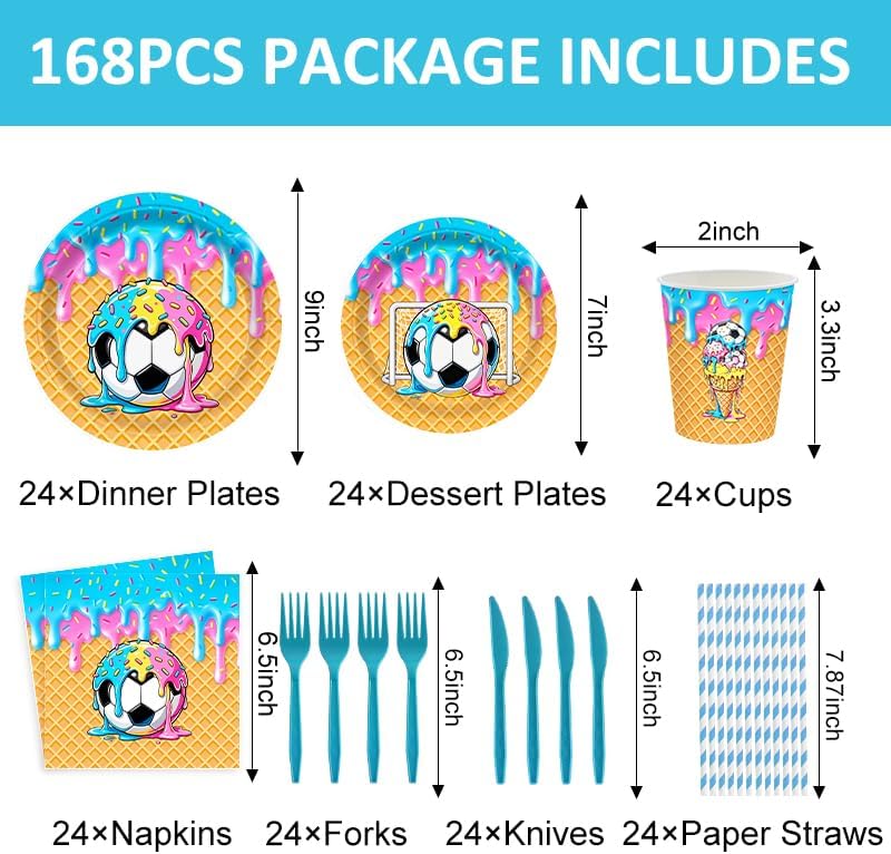 168 Pcs Soccer Ice Cream Birthday Party Supplies，Waffle Football Tableware Set，Ice Cream Soccer Design Paper Plates Cups,Napkins,Birthday Party Decorations Boys Birthday Decor，Serve 24 image 5