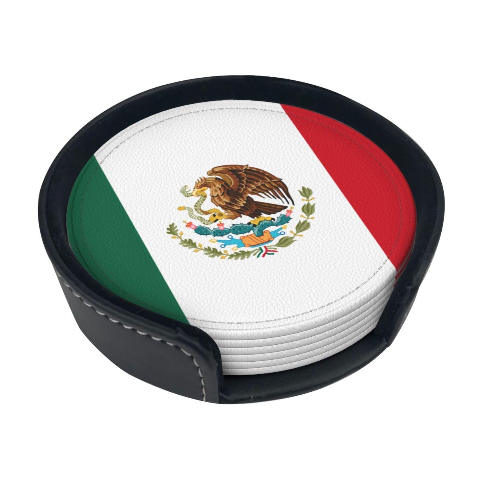 Cntdbu White Flag Of Mexico Leather Coasters Set Of 6-Pu Leather Drink Mats For Table, Heat Resistant Round Coasters With Holder