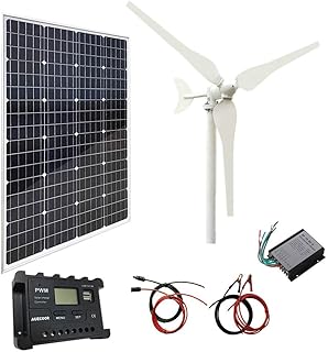 Kit de syst&egrave;me Hybride Solaire &eacute;olien 220 W : g&eacute;n&eacute;rateur &eacute;olien 100 W + Panneau Solaire Mono 120 W + Accessoires pour Camping-Car, Camping, Bateau, caravanes, Camping-Car