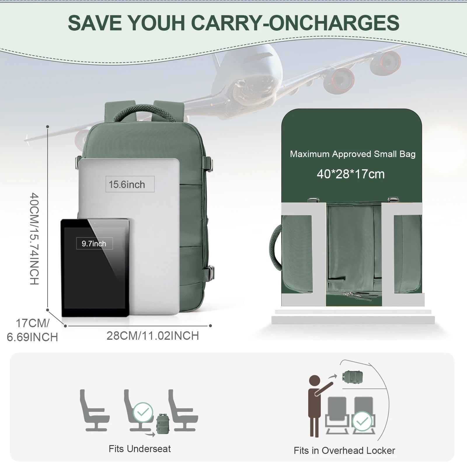 Mochila para portátil Mochila 40x20x25 cm Bolsa de Cabina Mochila de Viaje for Hombres Mujeres Equipaje de Mano Mochila for Ordenador portátil de Ocio(Green)
