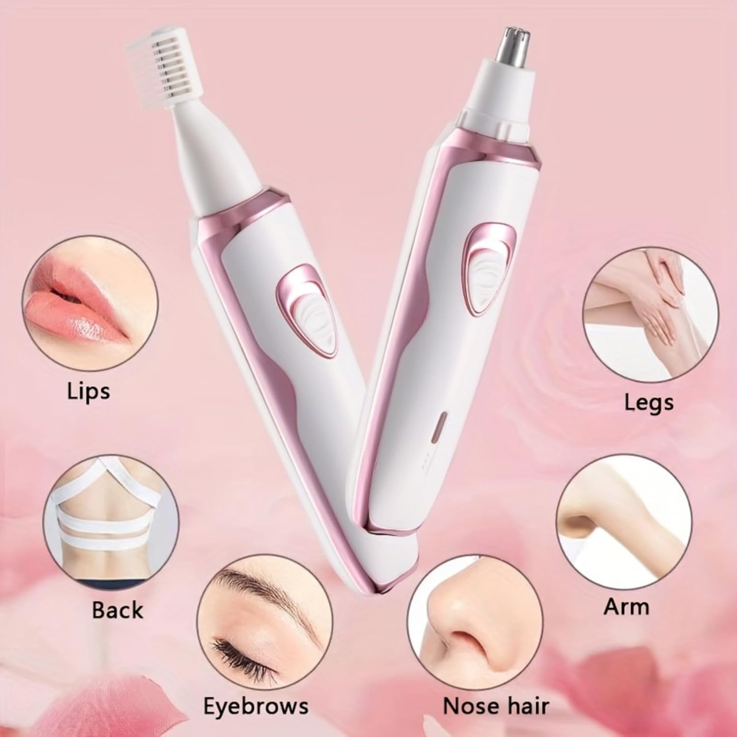 4-in-1 Rechargeable Women's Electric Razor Kit, Painless Wet/Dry Shaver for Face, Nose, Legs & Bikini Area, USB Charging (Pink)