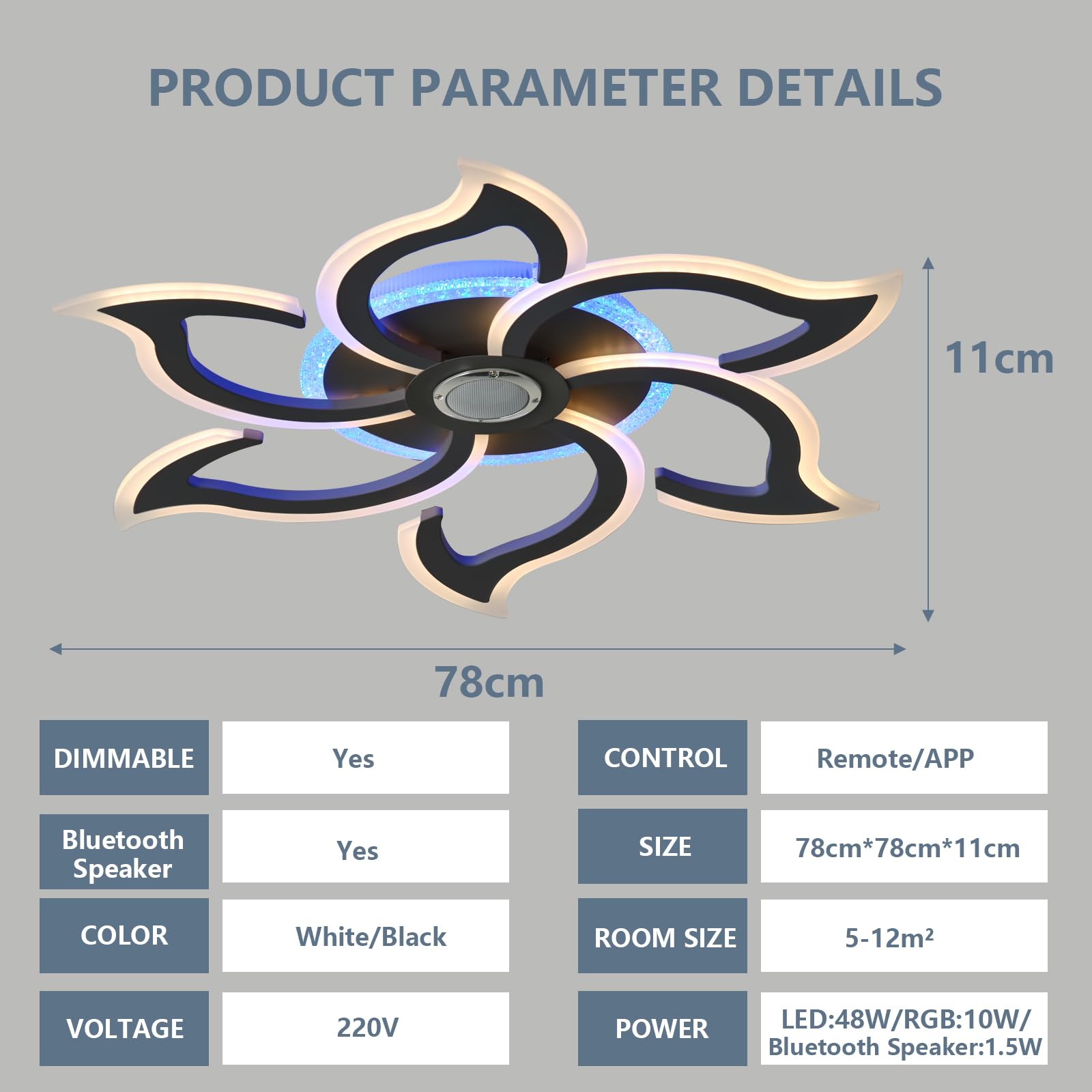 Plafoniera Soffitto RGB è Dotata di Sei Petali Lampadario Altoparlante Bluetooth Telecomando App Lampadari Dimmerabile 3 Temperature di Colore Timer Funzione di Memoria per Camere da Letto, Nero