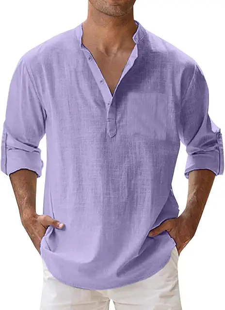 Camisa de Lino Hombre Manga Larga Cuello Mao Casual Verano