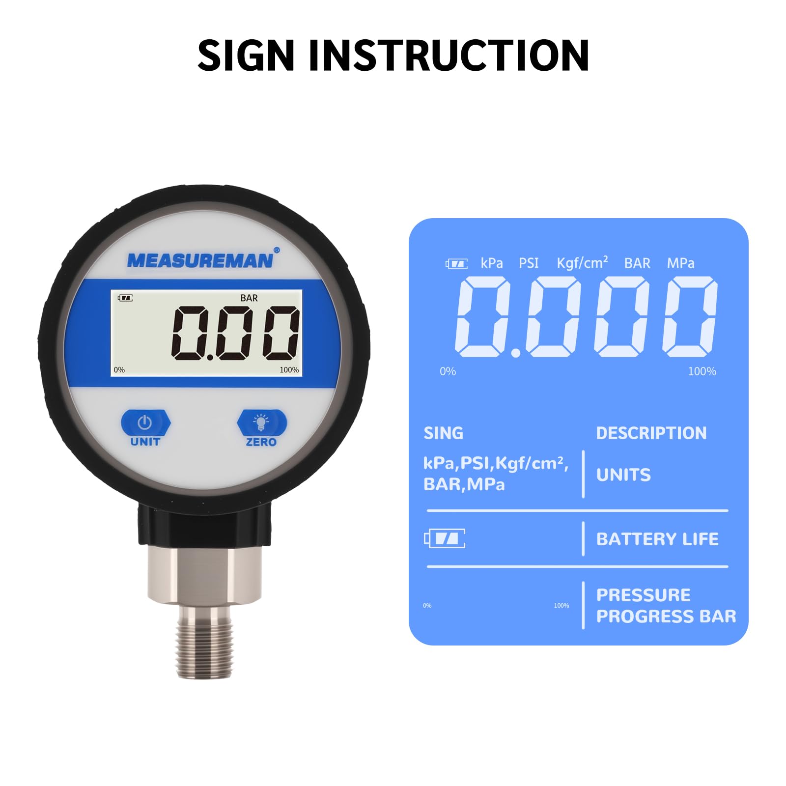 Medidor de presión industrial hidráulico digital con montaje inferior BSP de 1/4 pulgadas, esfera de 2.4 pulgadas, caja y conexión de acero inoxidable 304, 0-10 bar, 1%, funciona con pilas, con luz