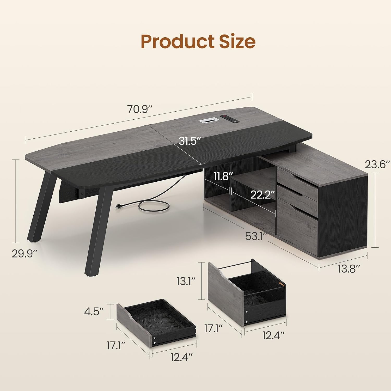 SEDETA 71 inch Executive L-Shaped Desk with dimensions